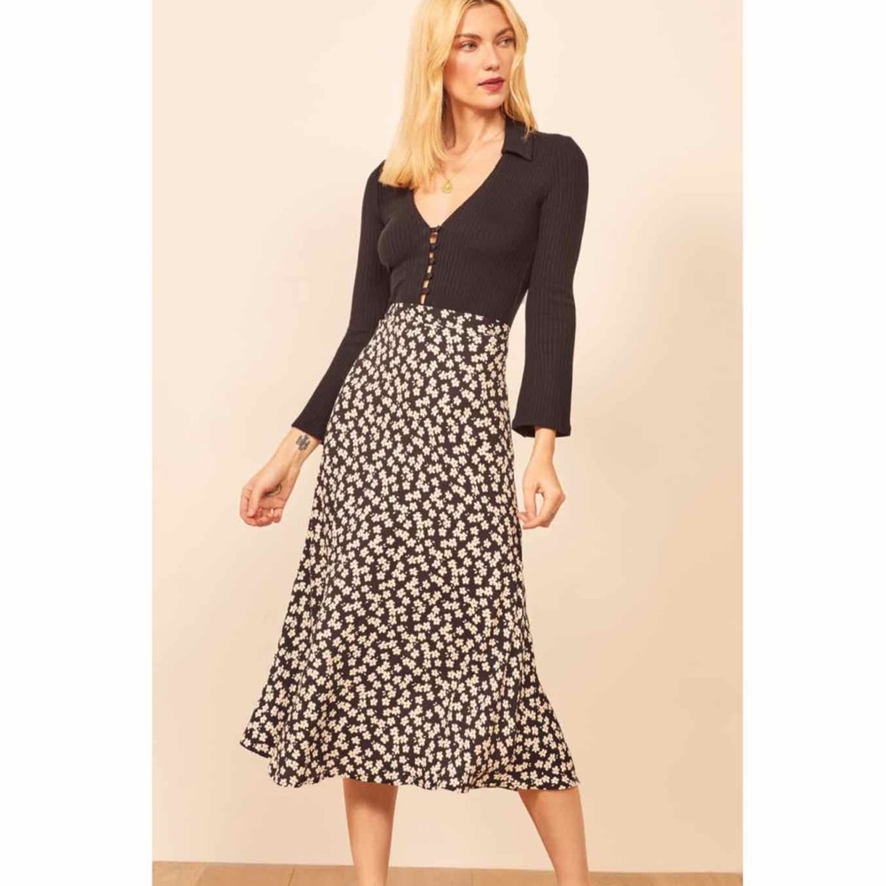 Reformation Black and White Floral Midi Skirt
